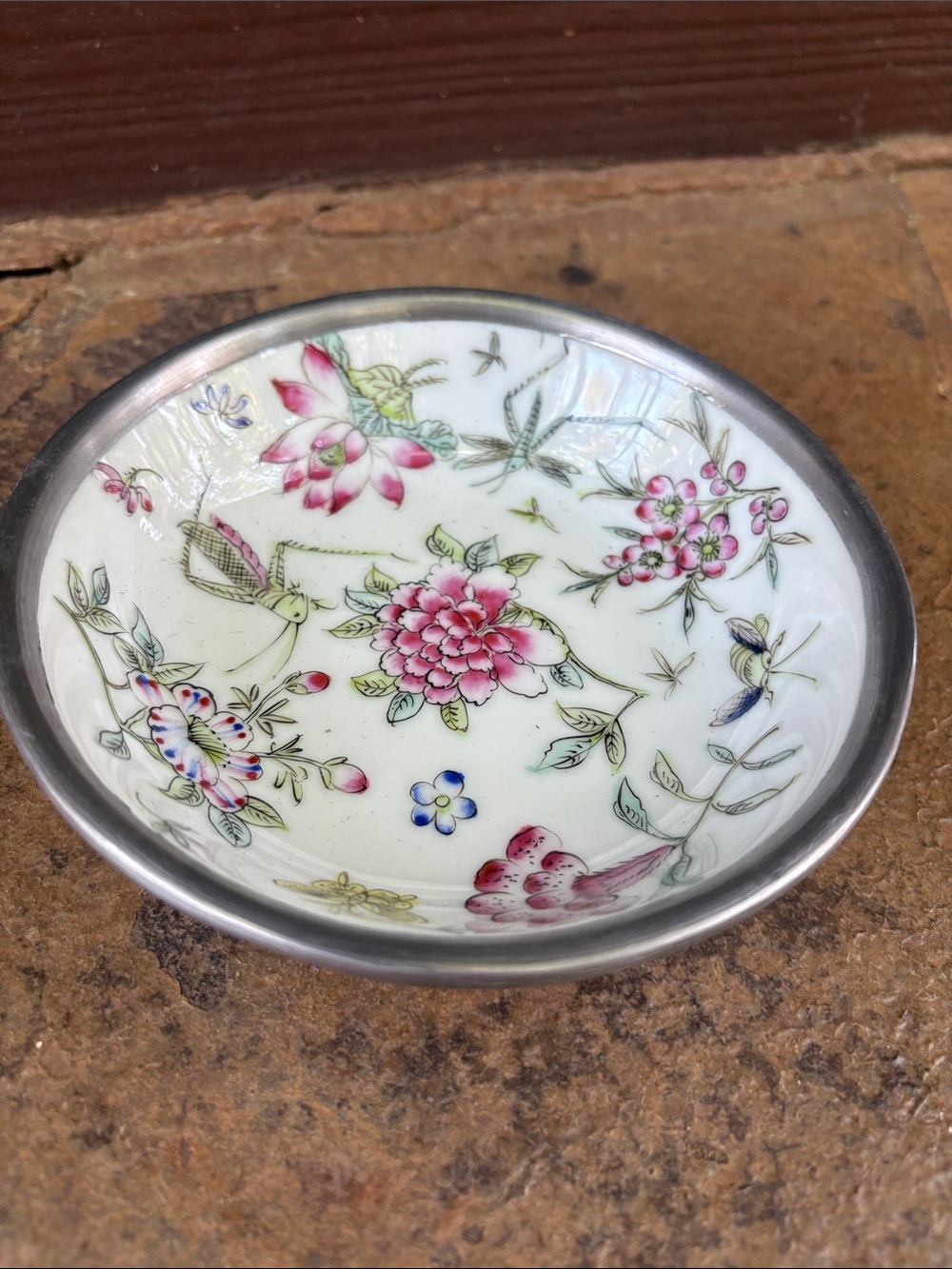 Vintage 60’s-70’s Japanese trinket dish porcelain with pewter (?!)